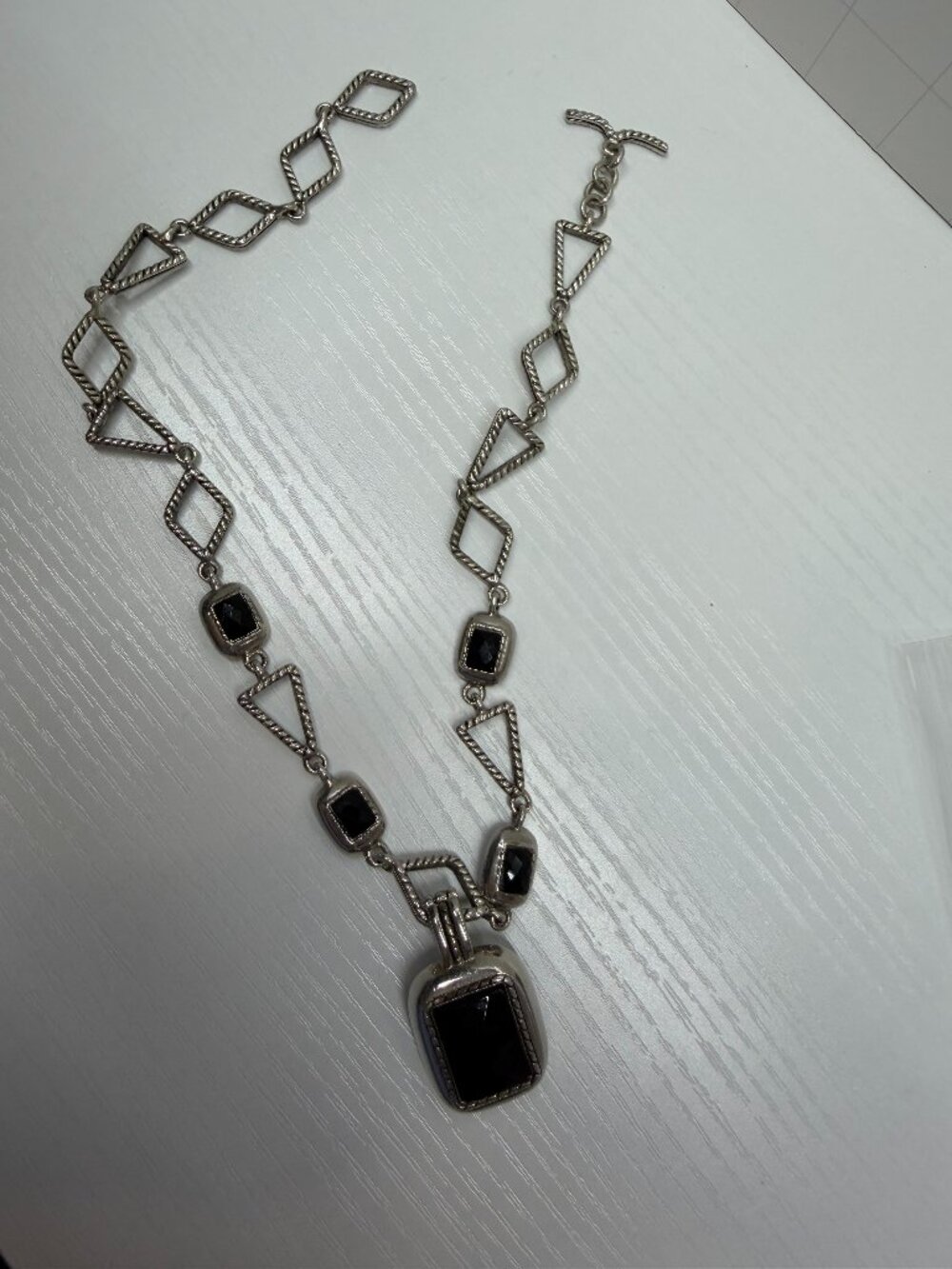 Premier Designs Silver Tone Black Rhinestone Pendant Necklace Geometric Toggle